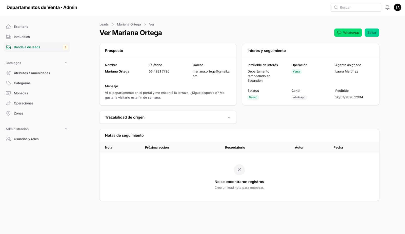 Ficha de un prospecto con notas, próximas acciones y citas