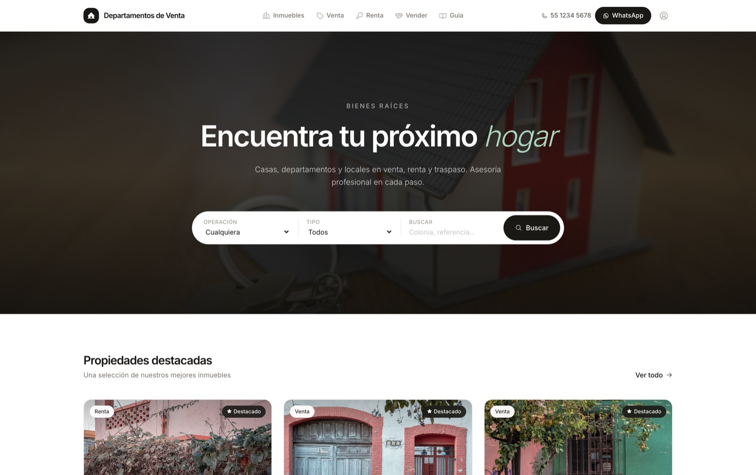 Sitio web de una inmobiliaria hecho con MiCRM, con buscador y propiedades